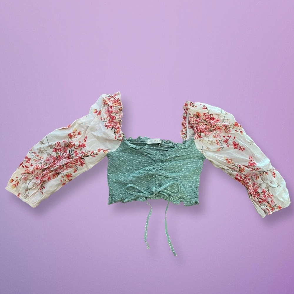 Green Smocked Floral Crop Top